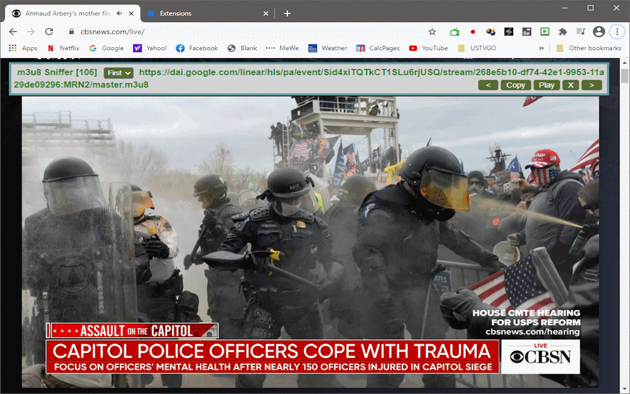 The CBSN Live News web site with the m3u8 URL link overlay showing at the top.